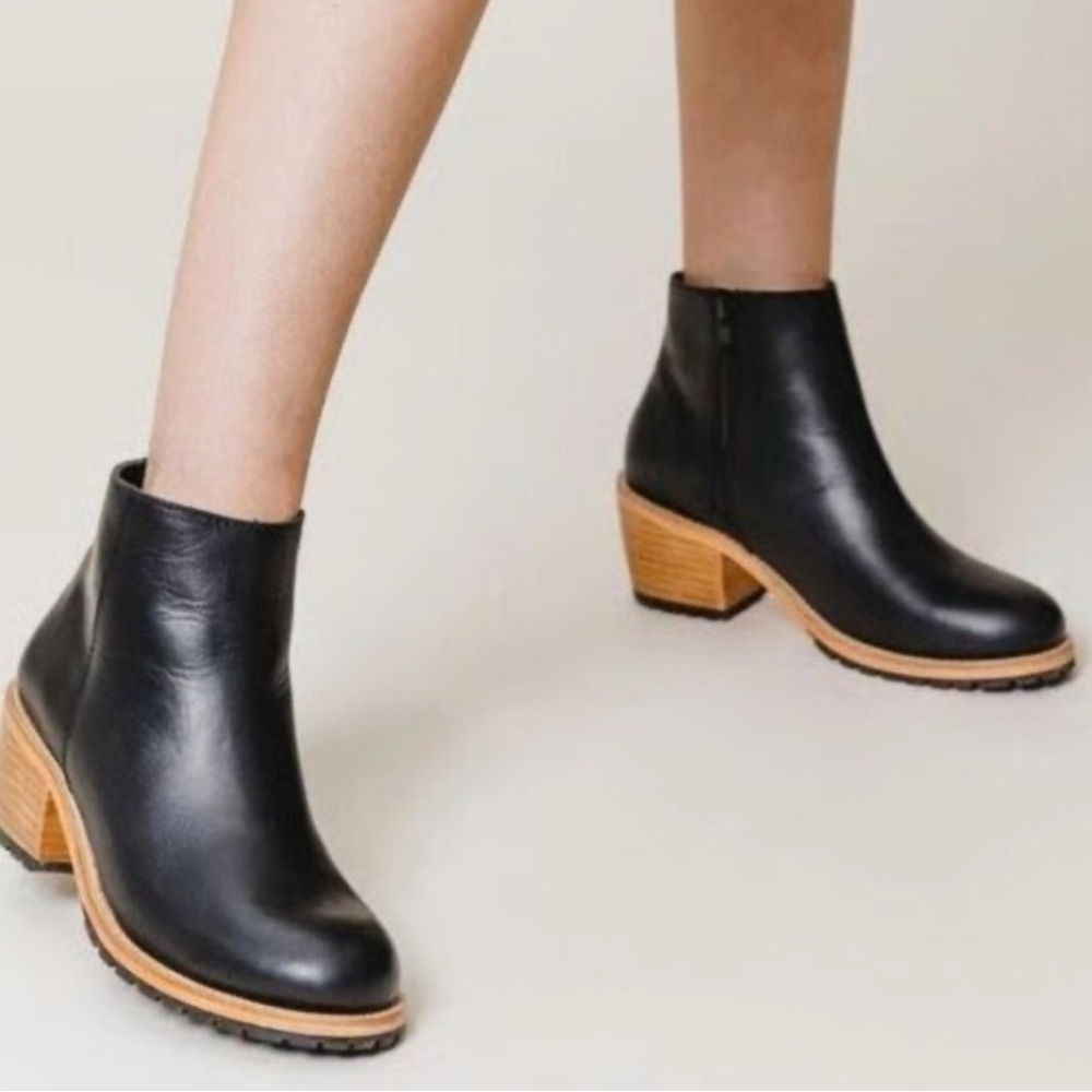 Portland Leather Black Leather Ankle Boots with Tan Wood Heel